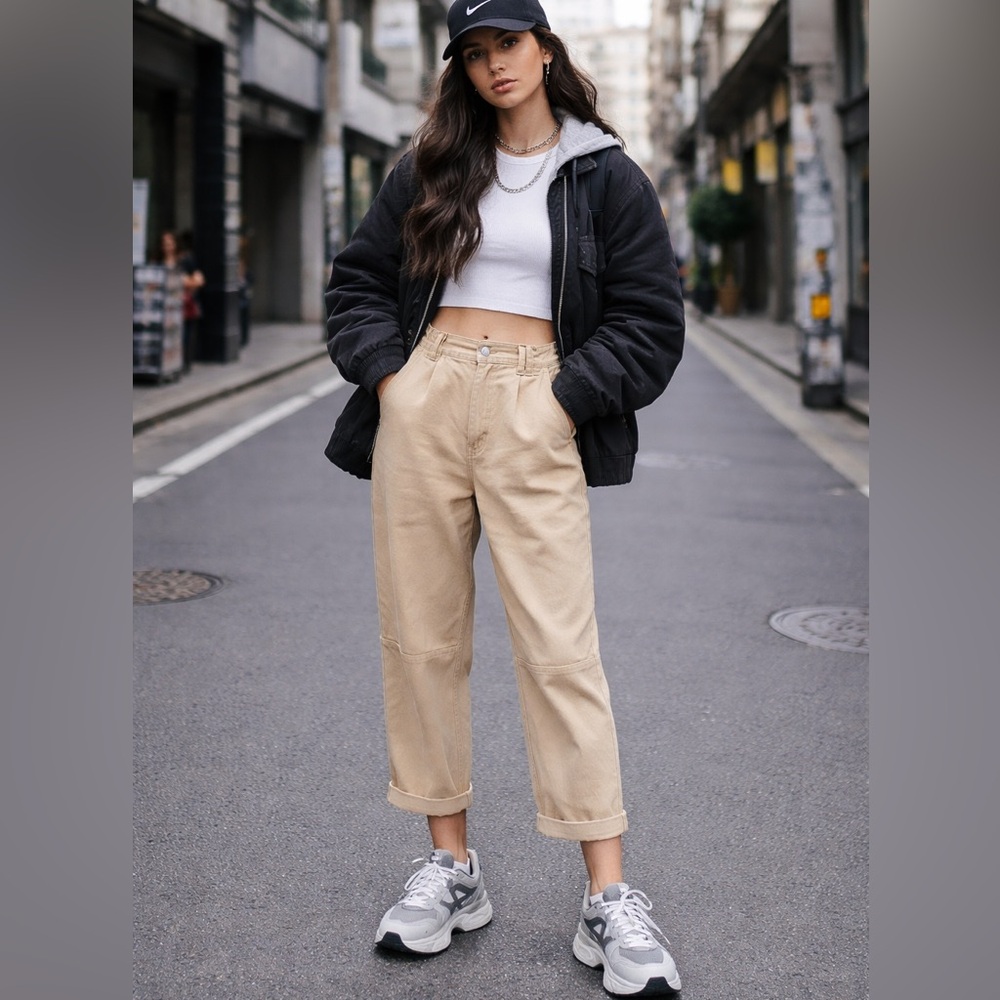 Twik Beige Cropped Carpenter Pants